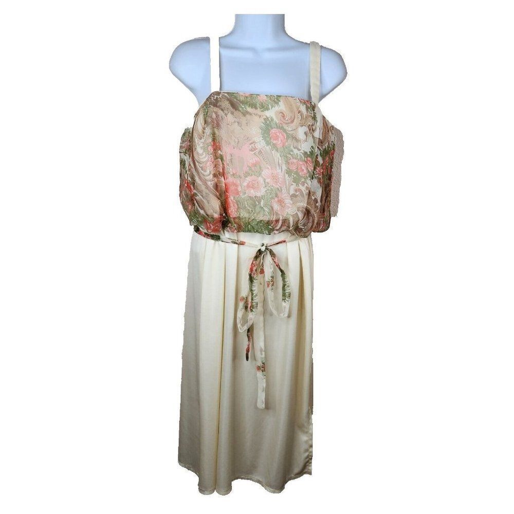 Vintage 70s Blouson Dress Womens Size S Ivory Pink Floral Grecian Disco